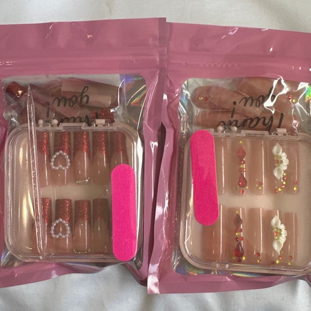 Press-on Nails in Red Glossy Square Glam Finish and Romantic Hearts